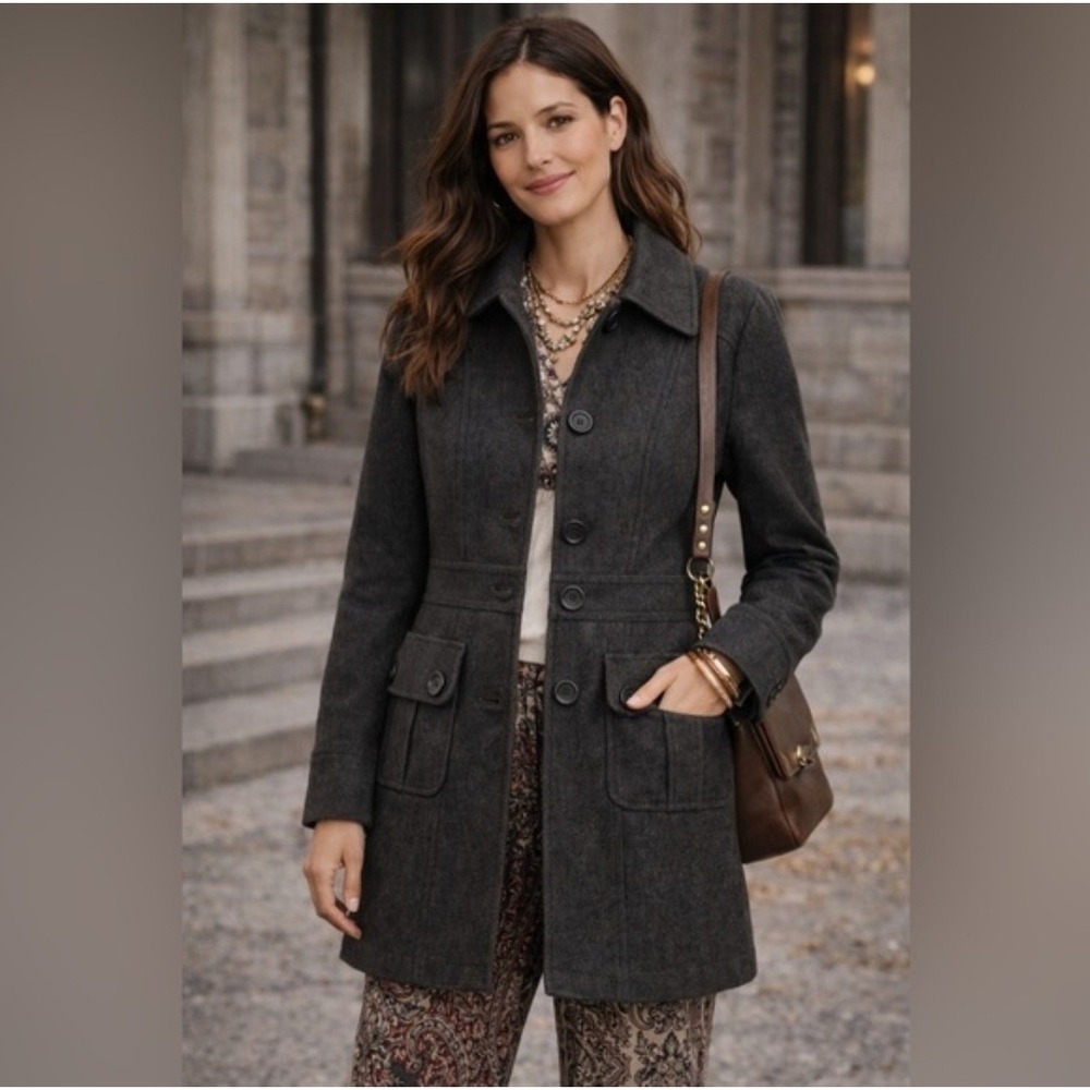 Anthropologie Tulle Wool Blend Button Front Coat Women's XL Charcoal Gray Mod